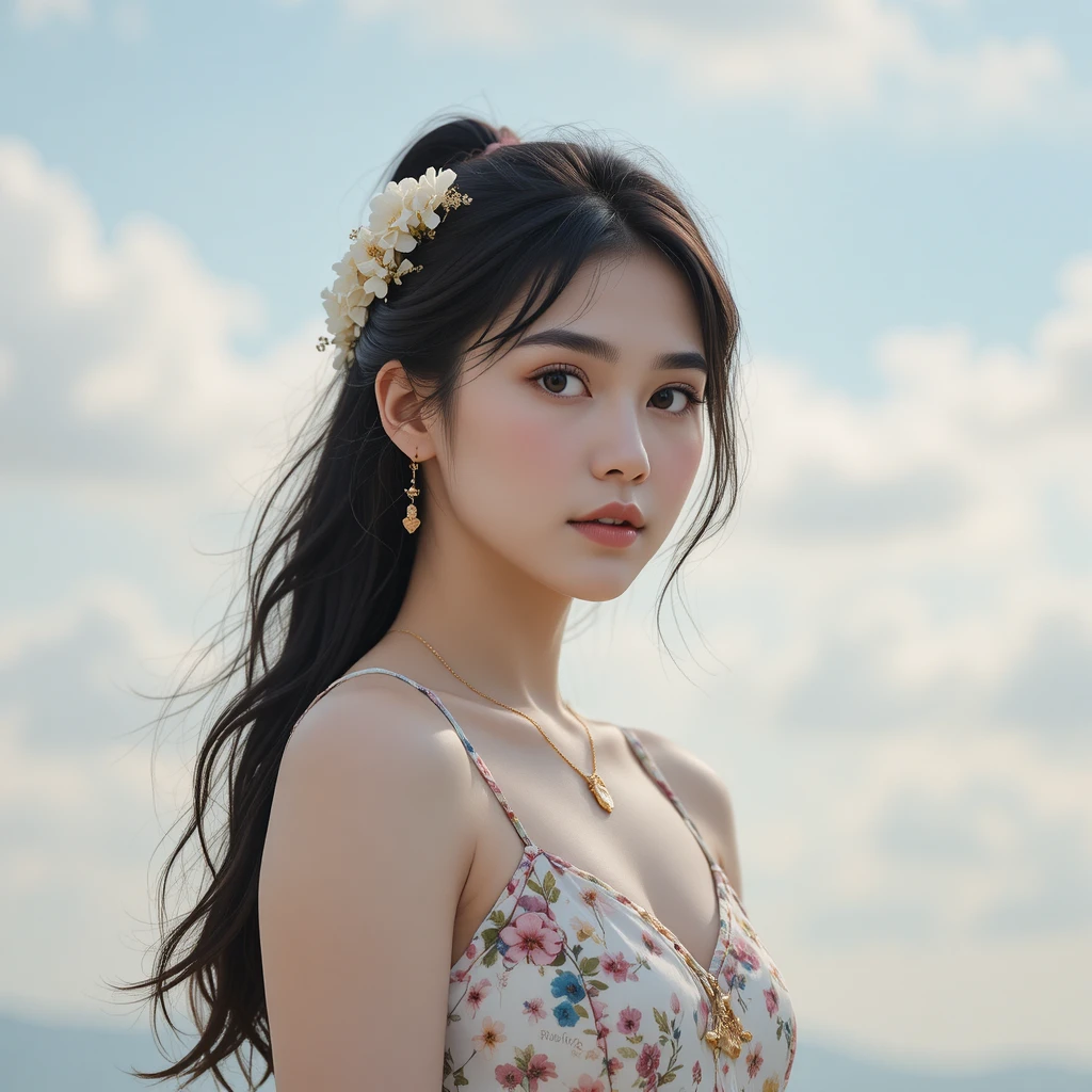 柔和天空下的花卉洋裝年輕亞洲女子
