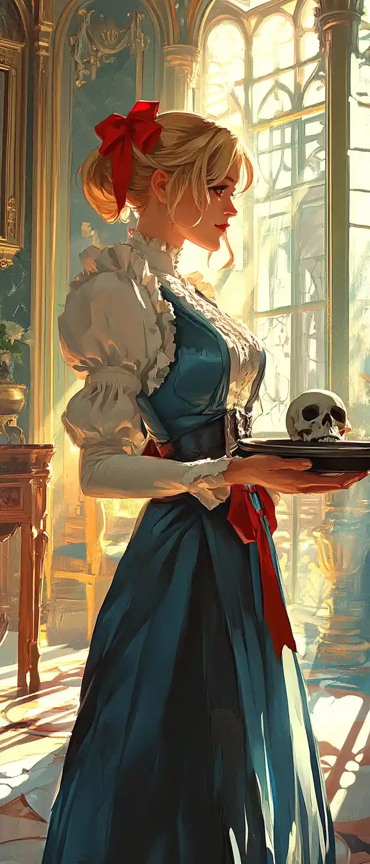 Blonde maid holding skull on tray in elegant room