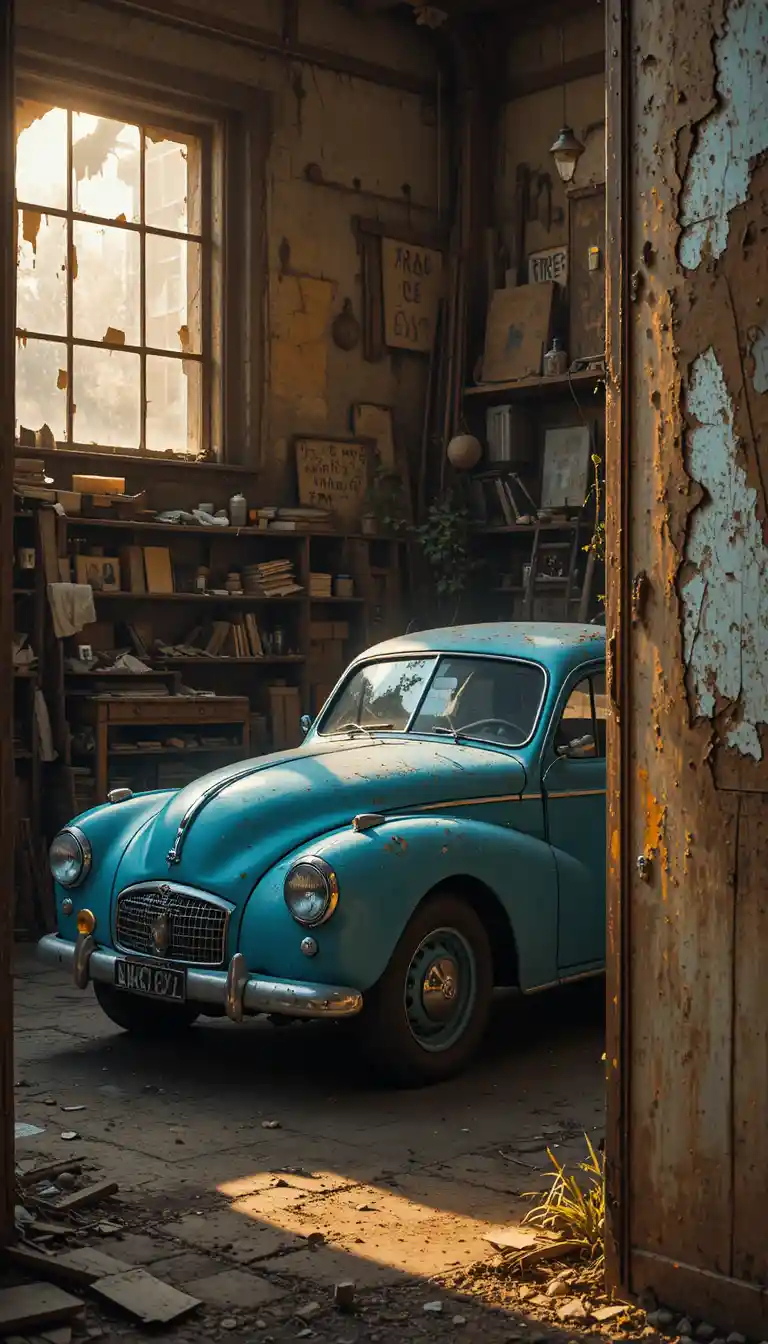 Vintage blue car hidden in a warm sunlit garage