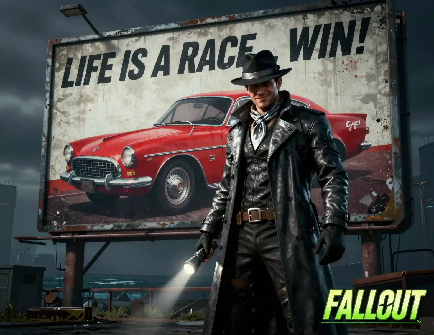Sci fi detective beside a retro car billboard