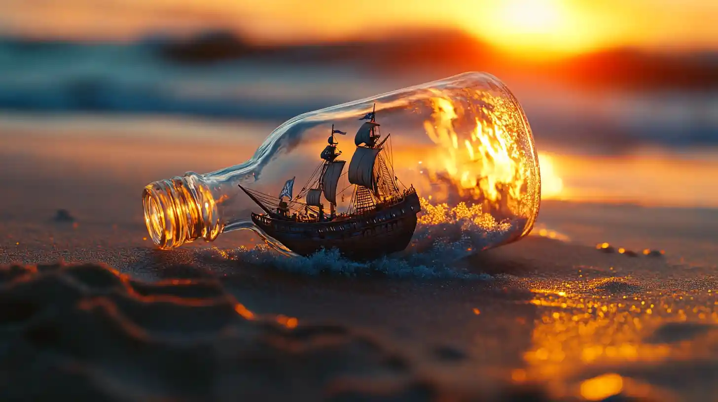 Pirate ship in a glass bottle on the beach at sunset