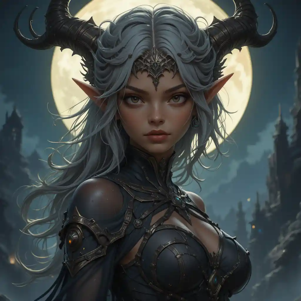 Young night goddess with tanned skin and gray hair