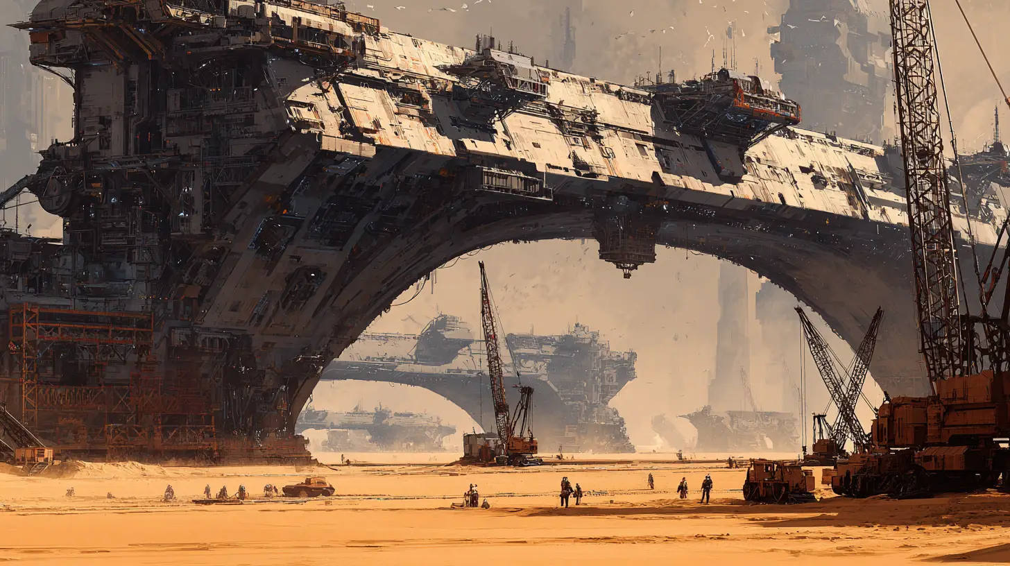Colossal spaceships under refit on a desert planet