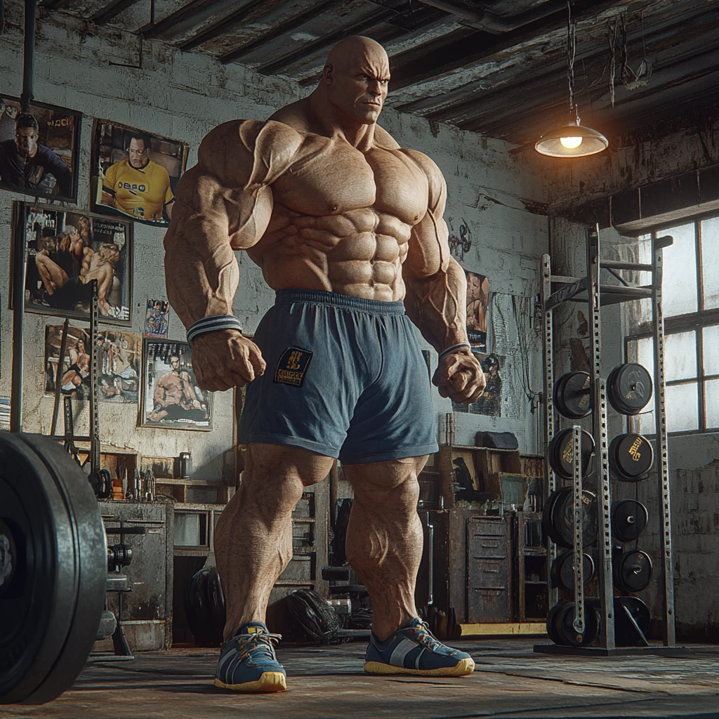 Massive bodybuilder standing in an old garage style gym