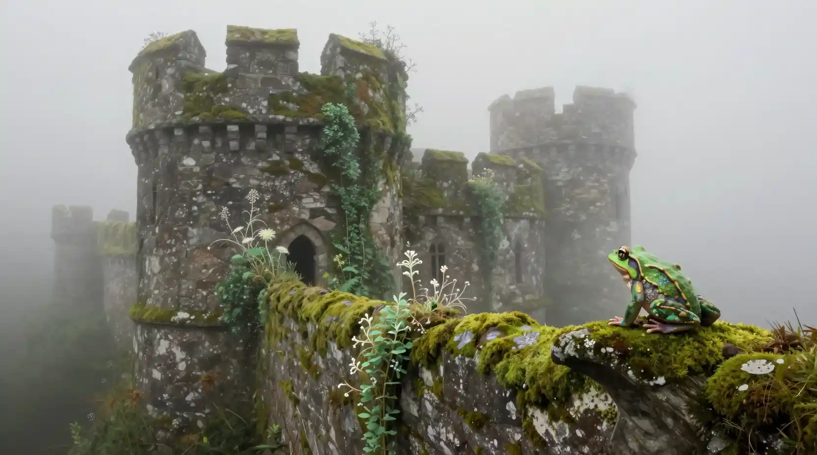 Ancient castle in fog with luminous fantasy flora