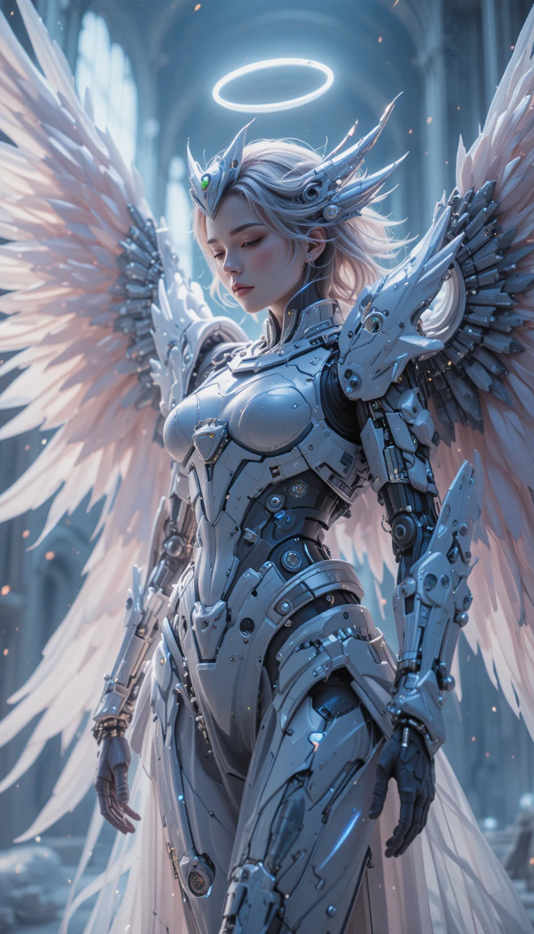 Winged mecha angel resting inside a quiet maintenance hangar