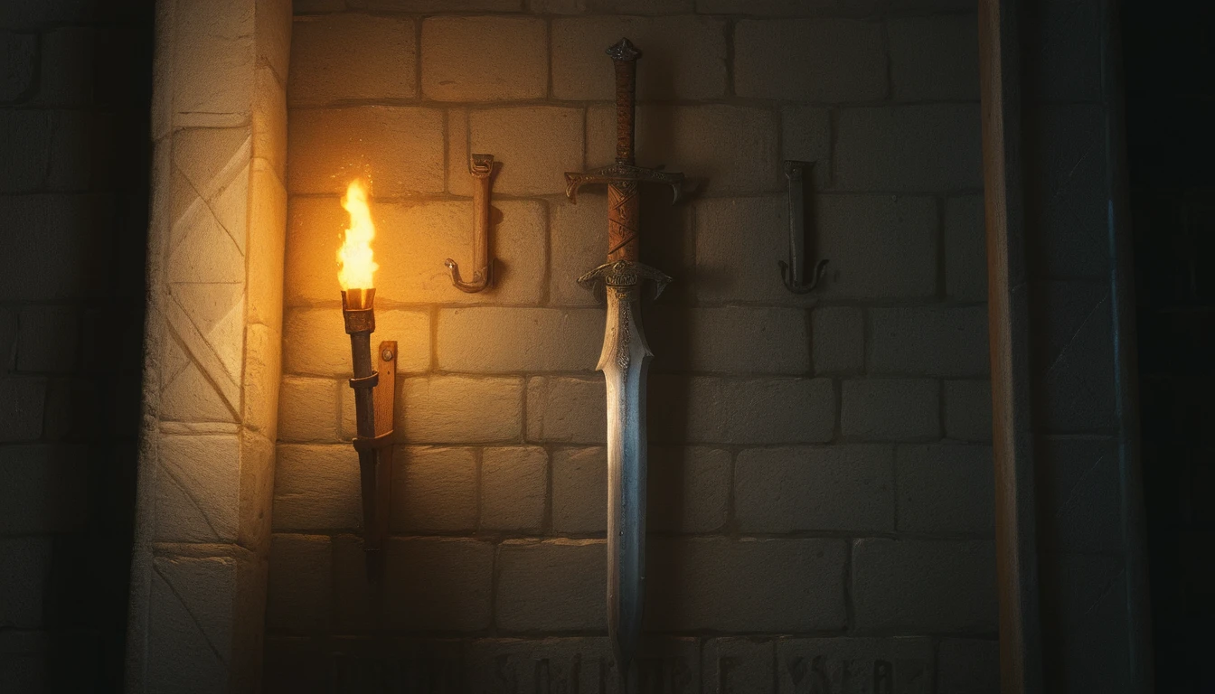 Ancient two handed sword hanging on a castle wall