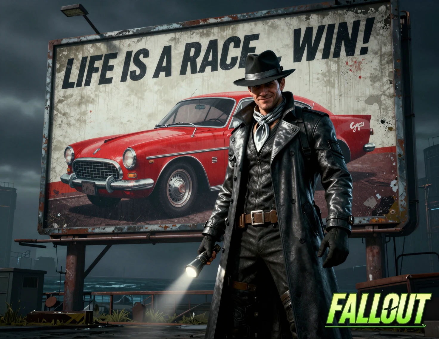 Sci fi detective beside a retro car billboard