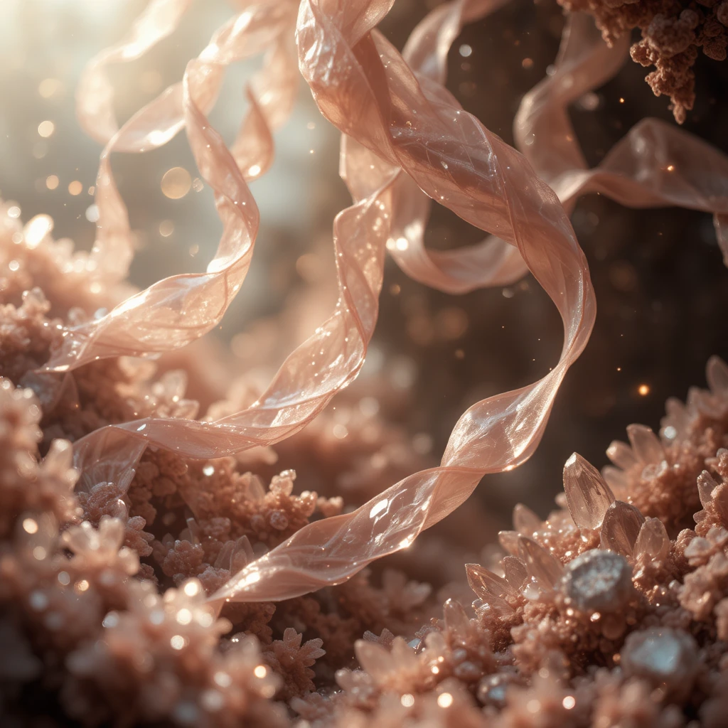Dreamlike silk ribbons swirling around shimmering crystals