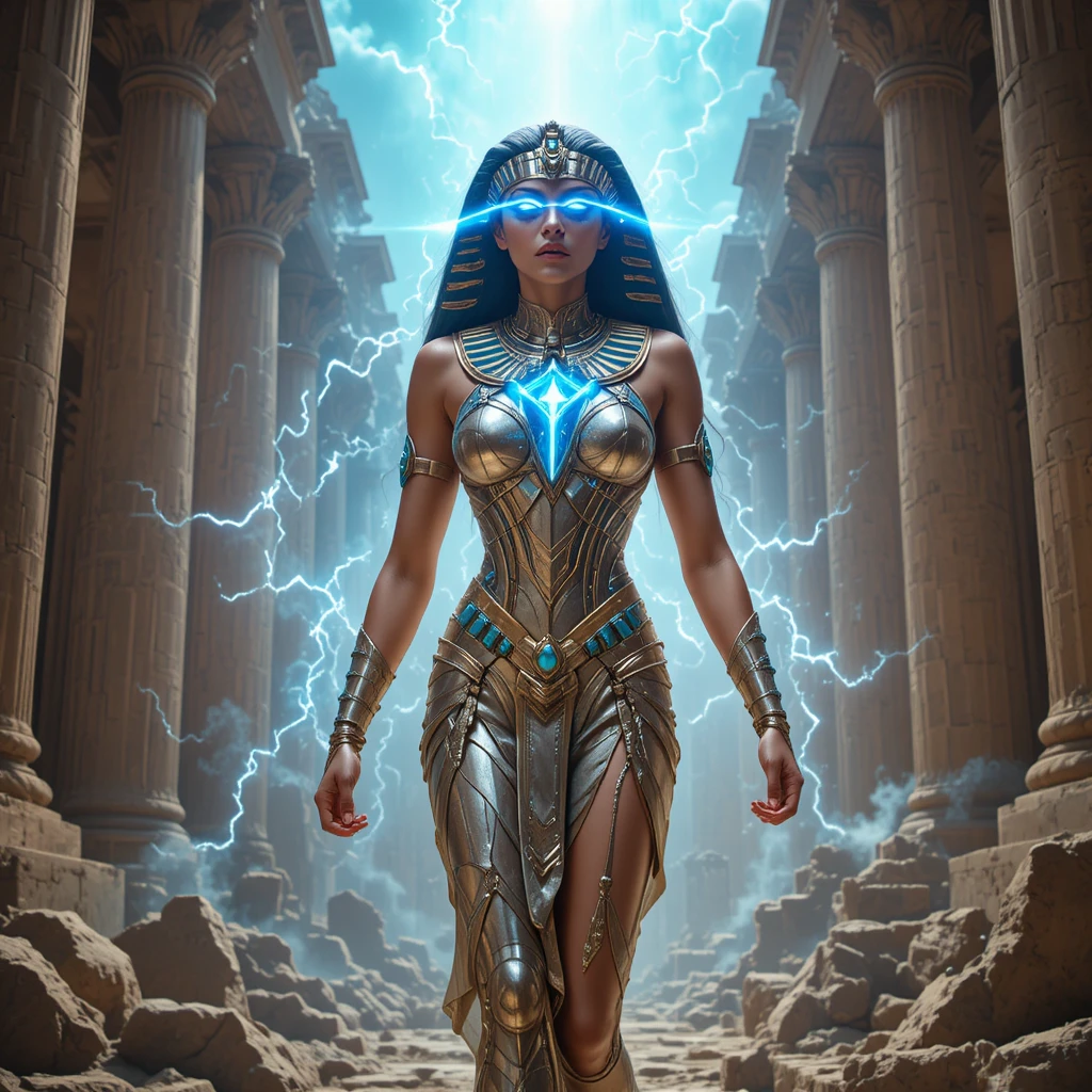 Eroina egiziana di fantascienza trionfante tra antiche rovine