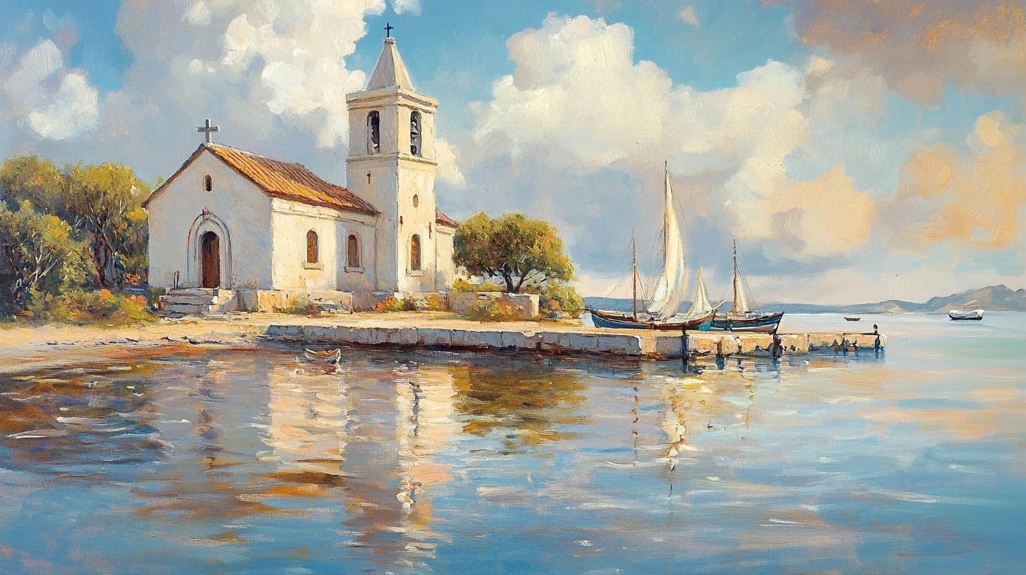 Ancient coastal church beside calm ocean inlet with boats