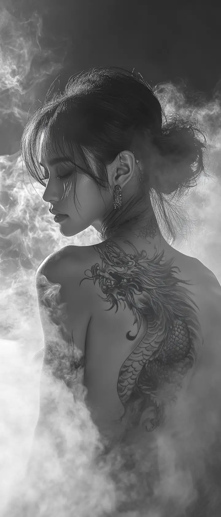 Woman with dragon tattoo in smoky monochrome atmosphere