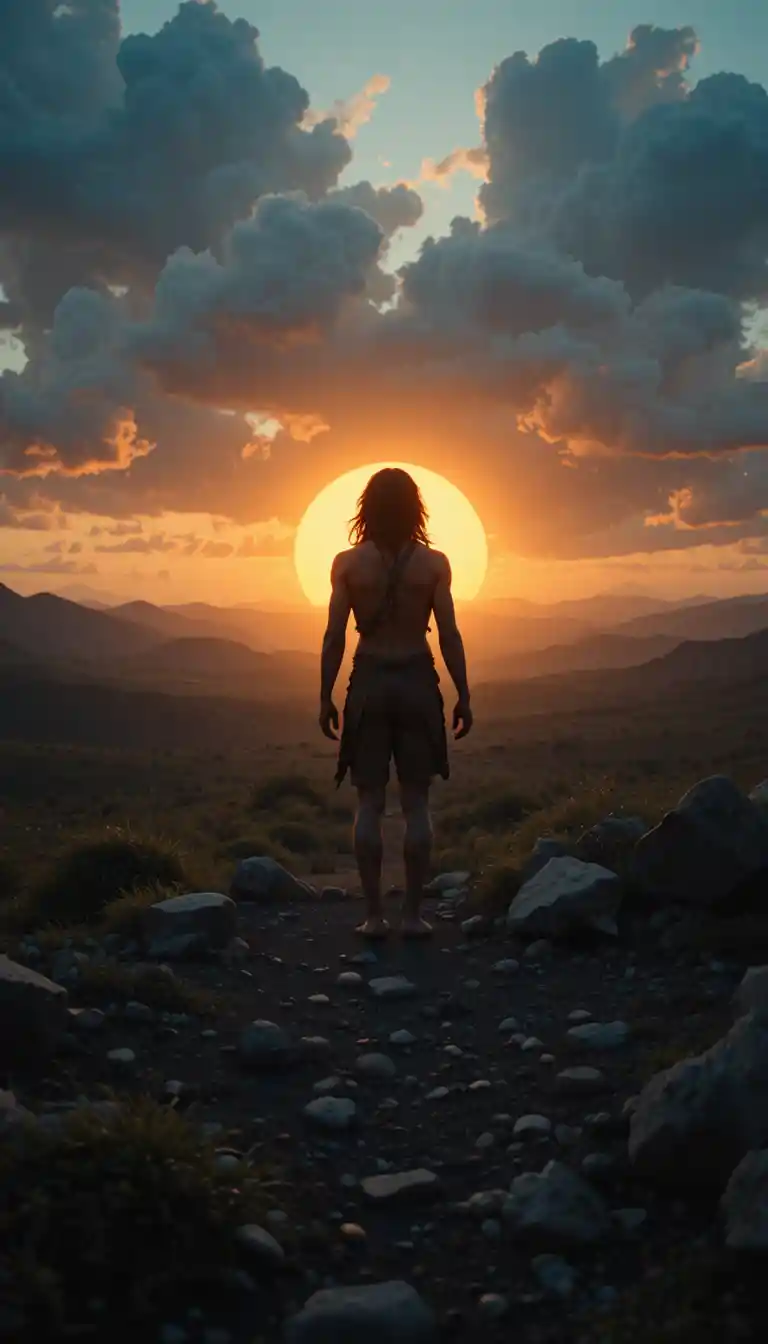 Early human before vast horizon with glowing fire behind