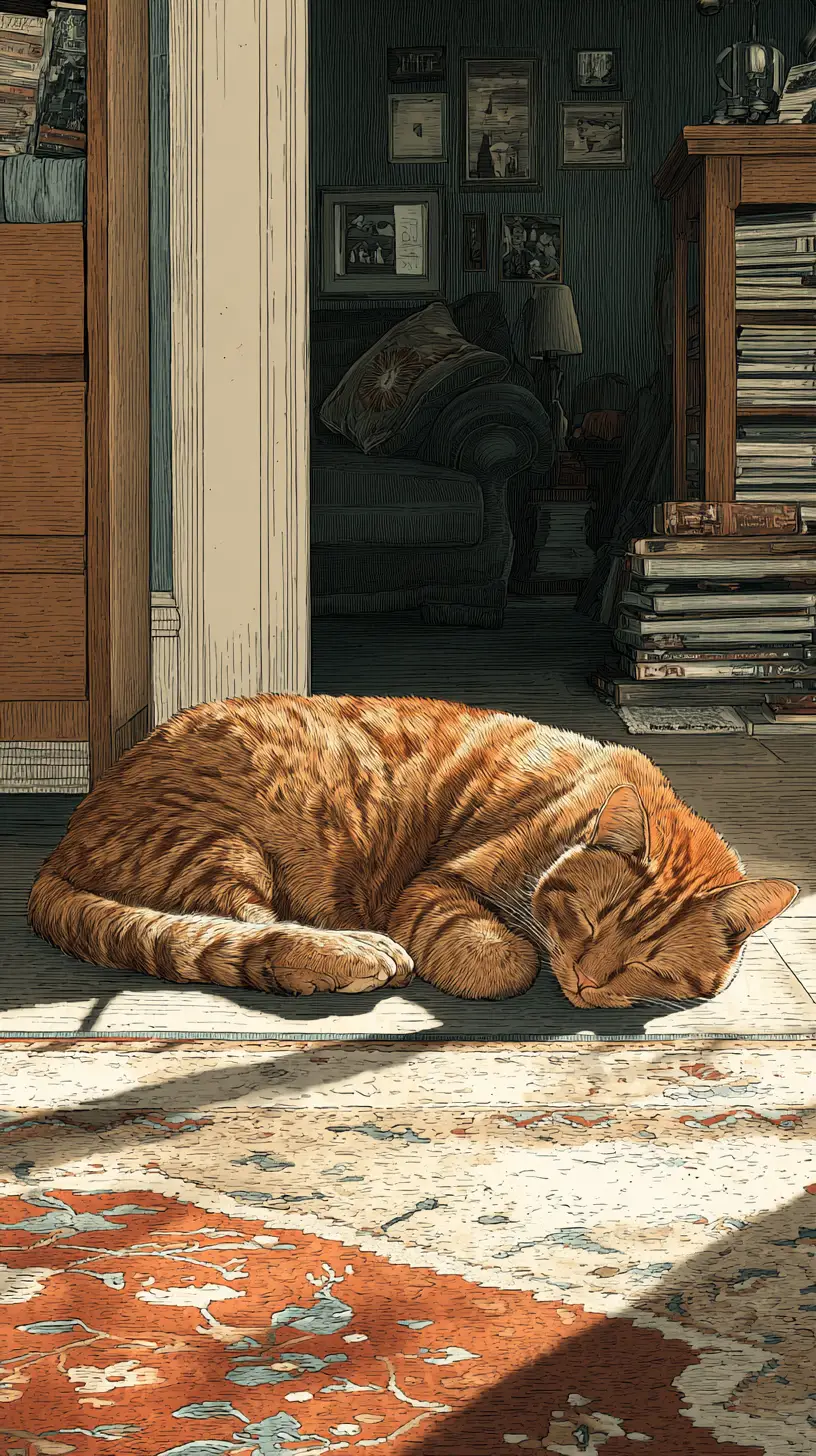 Sleeping red tabby cat on a sunlit living room rug