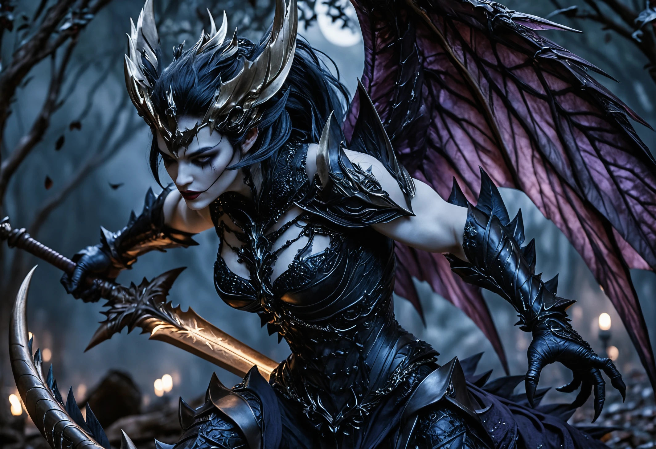 Femme mystique en pied sous un sombre clair de lune gothique