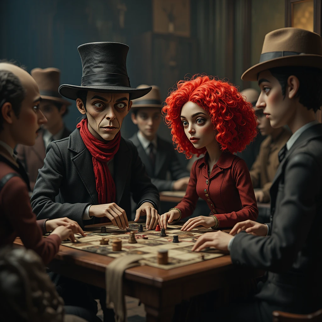 Figure simili a marionette riunite attorno a un tavolo da gioco da tavolo