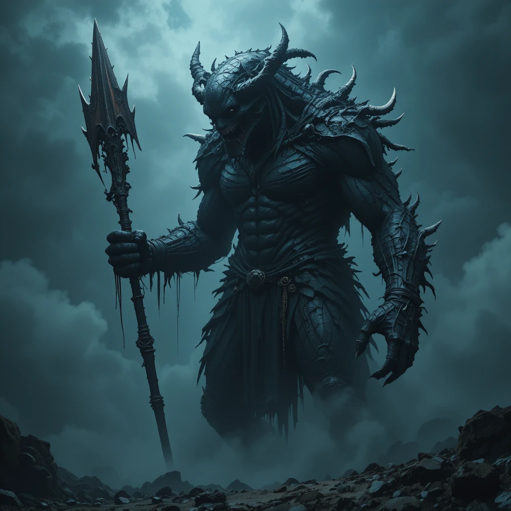 Mostro d’ombra gigantesco con ossa esposte e spada necrotica