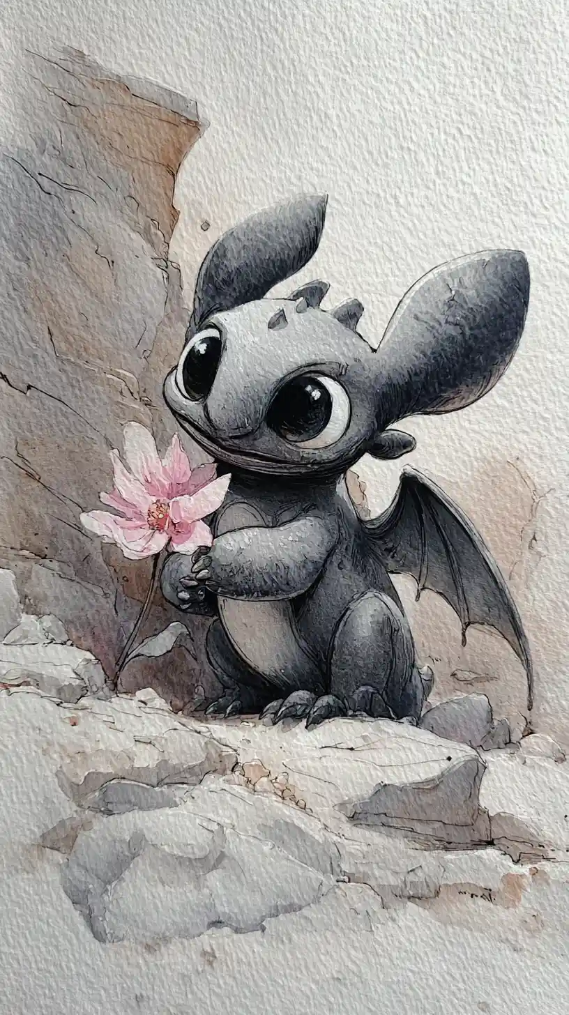 Tierno dragón gris sosteniendo una flor rosa sobre las rocas