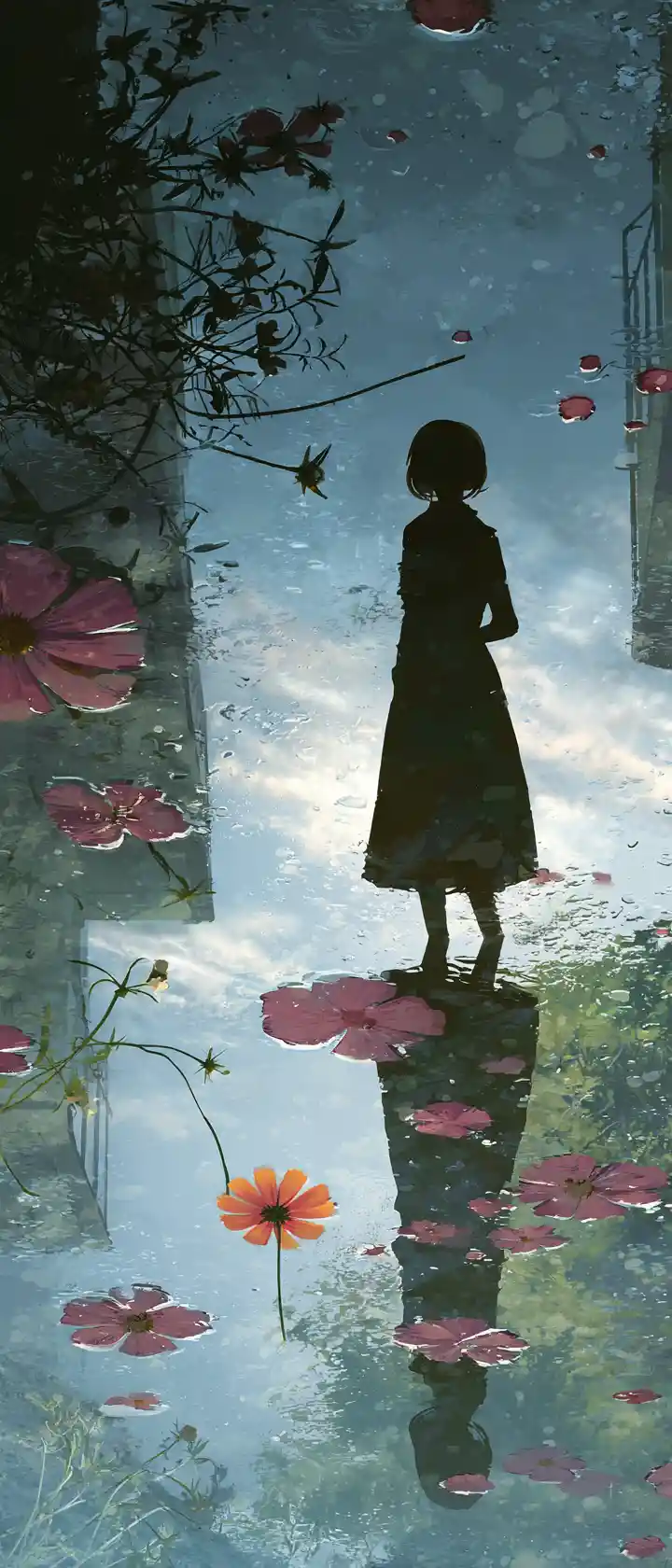 Woman silhouette reflected in a rain puddle with flower