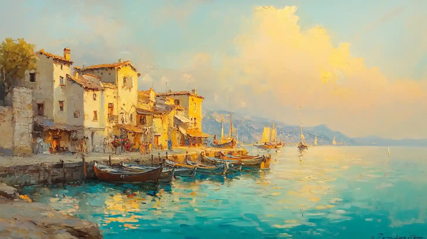 Golden sunset over an old Mediterranean fishing village harbor