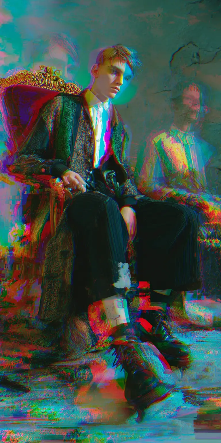 Surreal fashion throne amid sticks stones and carved emotions