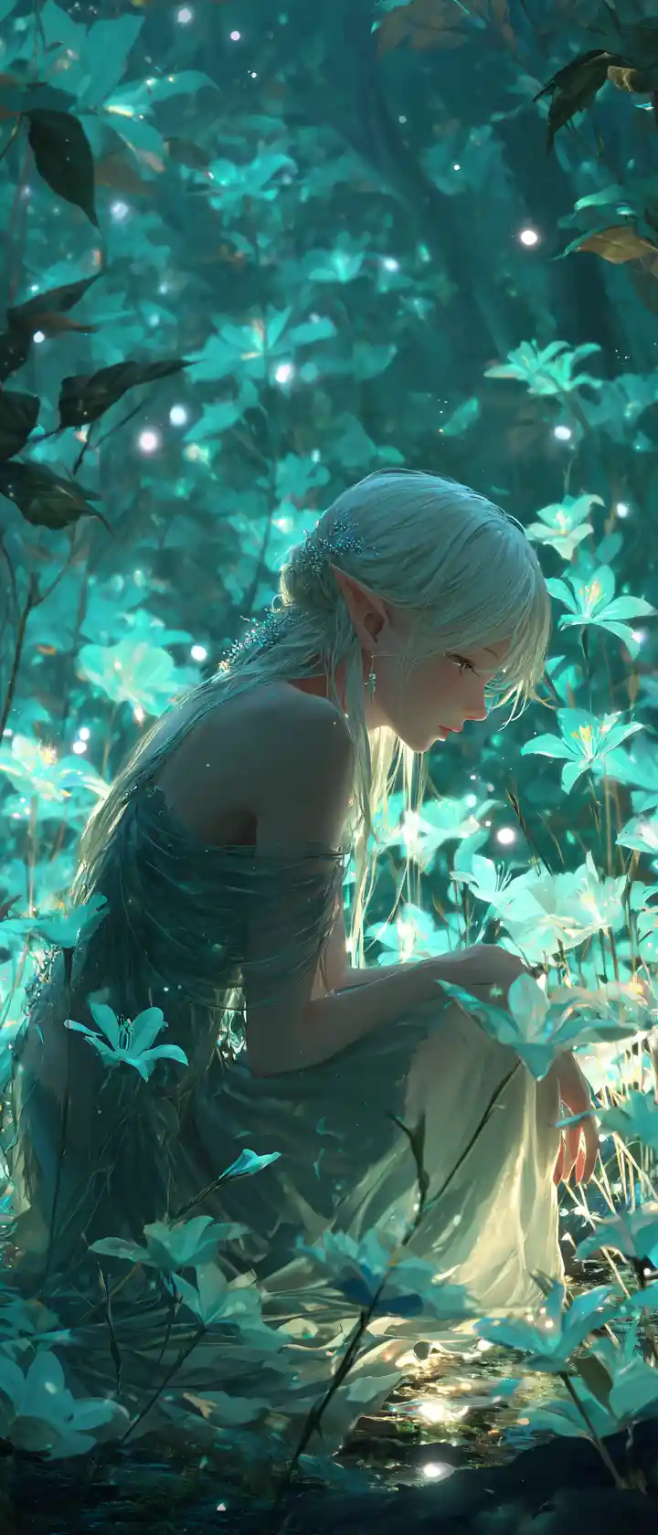 Silver haired elf girl crying in moonlit forest