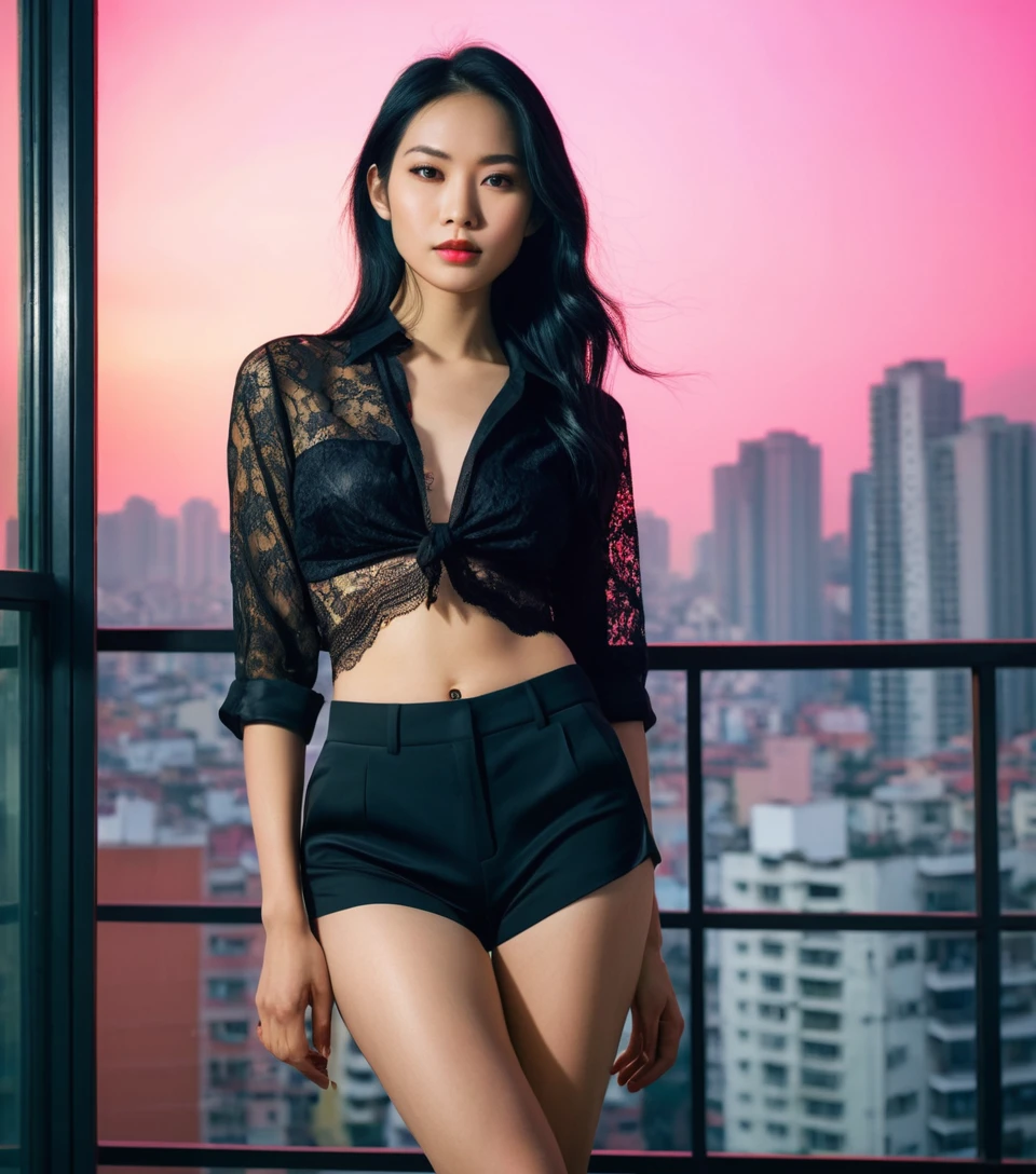 Vietnamese woman in silk outfit on neon city apartment balcony