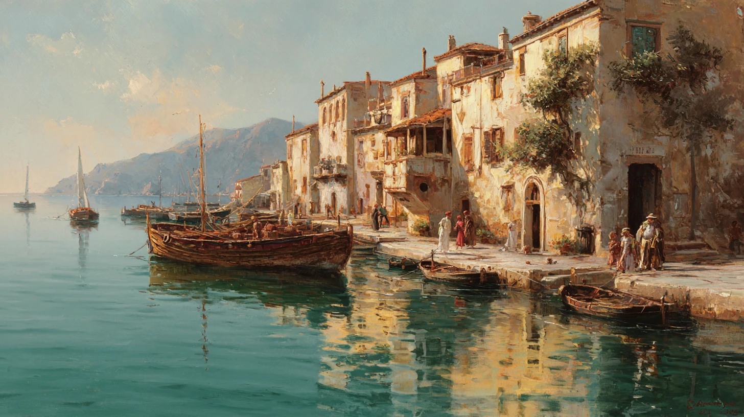 Golden sunset over an ancient Mediterranean fishing village