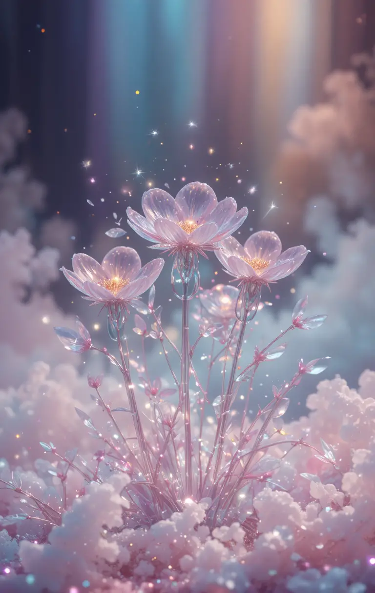 Delicate Glass Flower World With Rainbow Misty Background