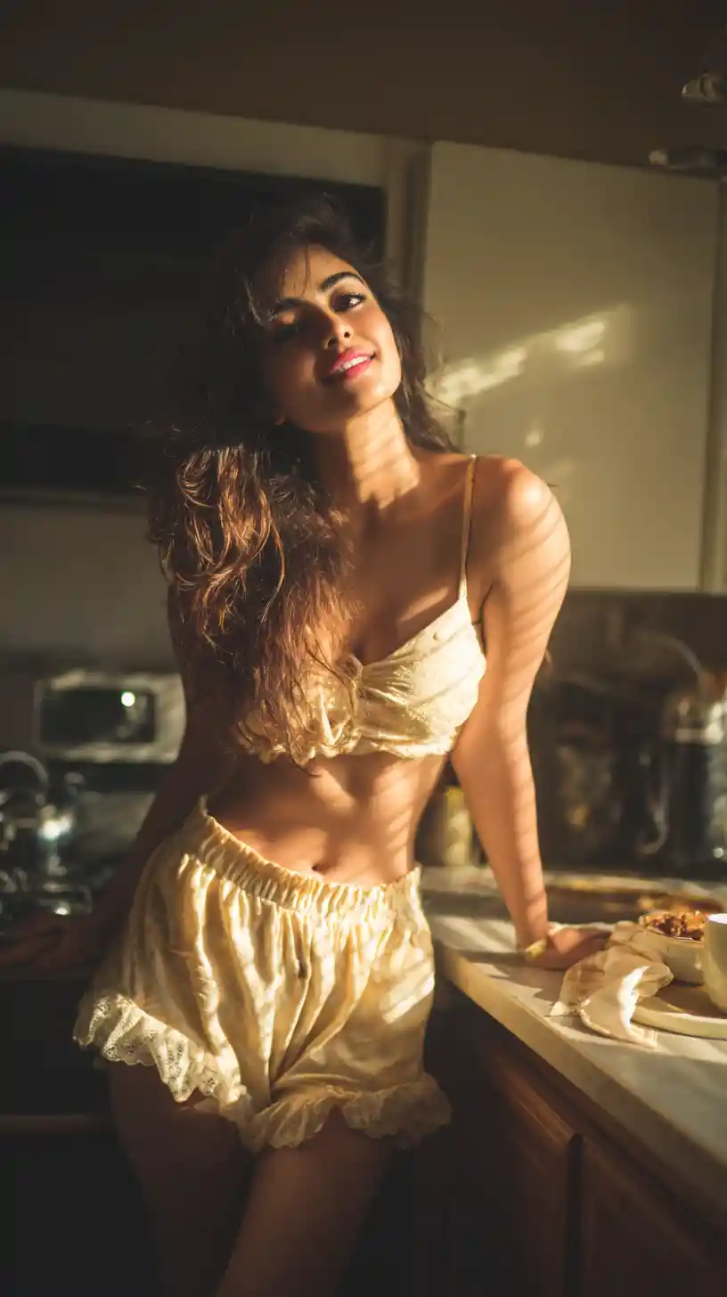 Smiling young woman in retro style at sunlit kitchen counter