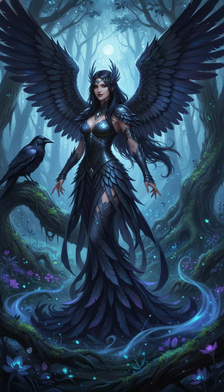 Dark angelic woman in black feathers in forest