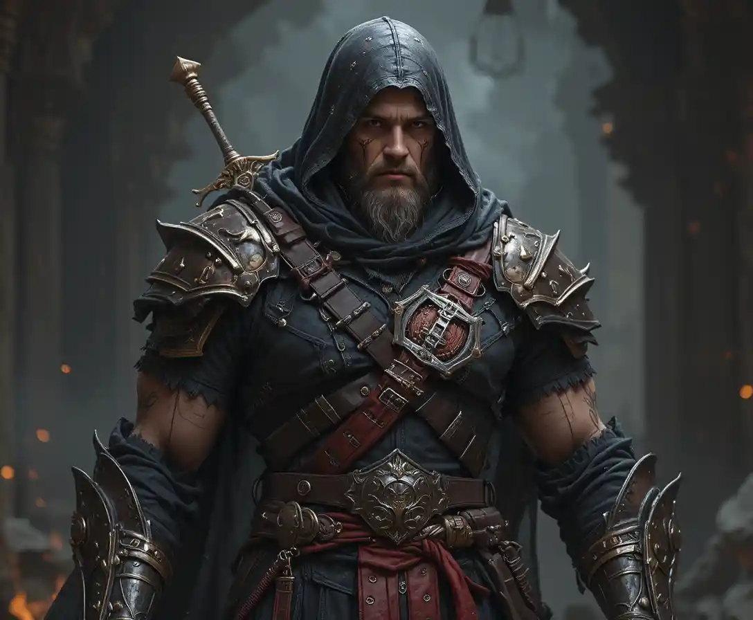 Muscular medieval assassin with black armor and daggers