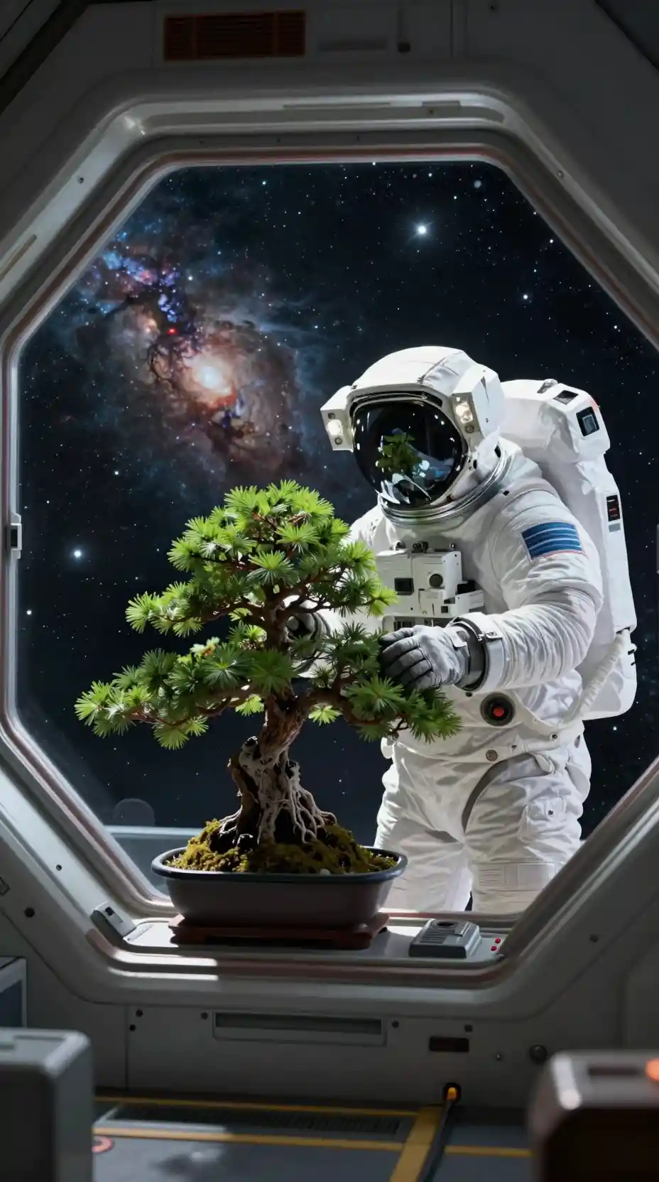 Astronaut caring for bonsai tree inside futuristic spacecraft