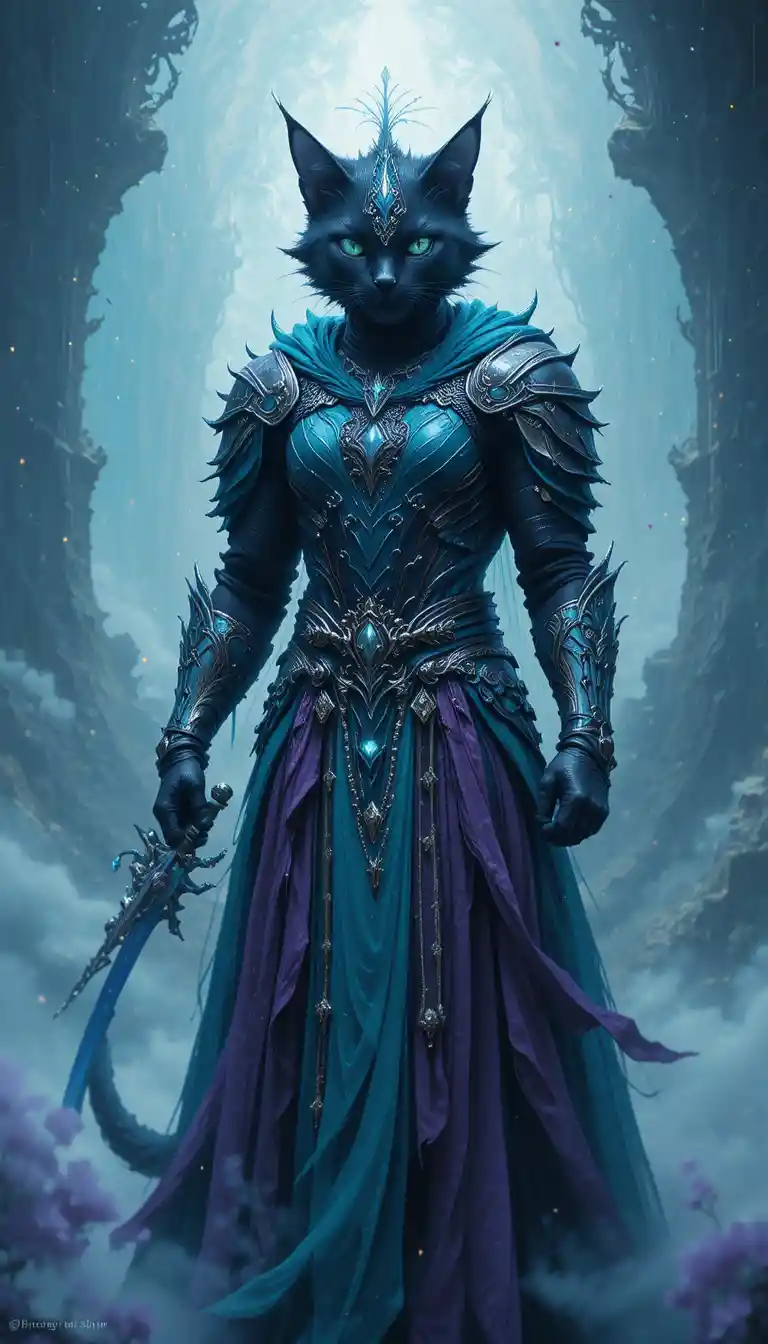Medieval black cat warrior in turquoise and purple armor