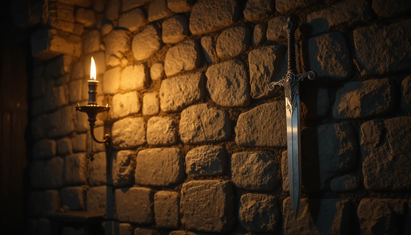 Ornate sword hanging on a stone wall by torchlight