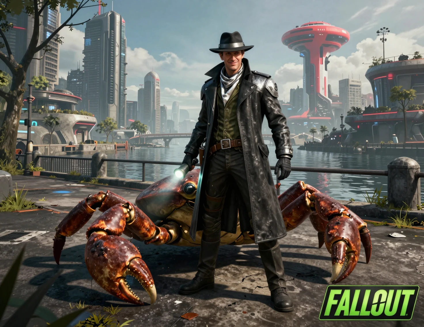 Sci fi detective and mutant creature in ruined waterfront city