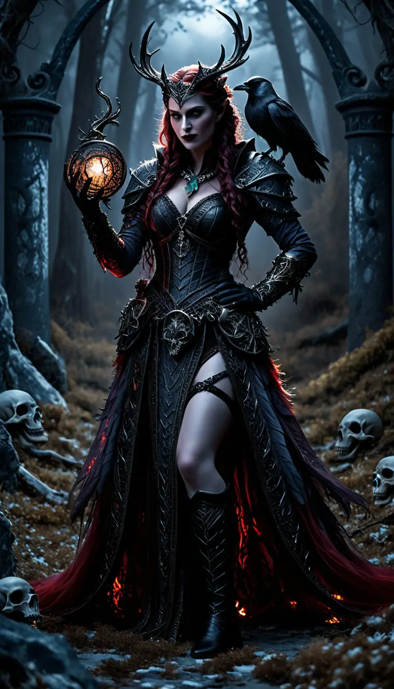 Gothic cinematic woman in mystical moonlit fantasy scene