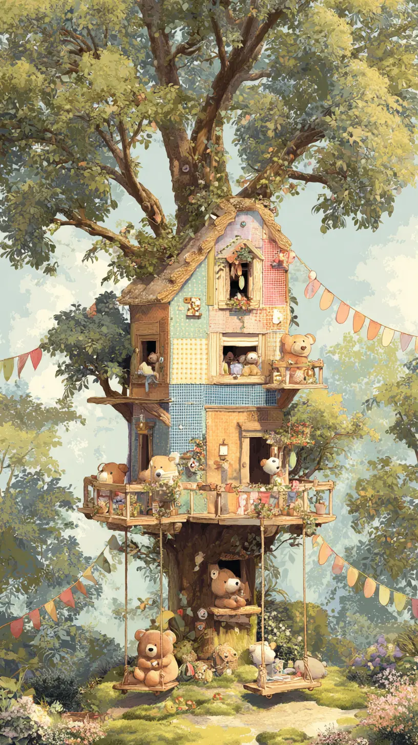 Whimsical teddy bear treehouse in a cozy forest