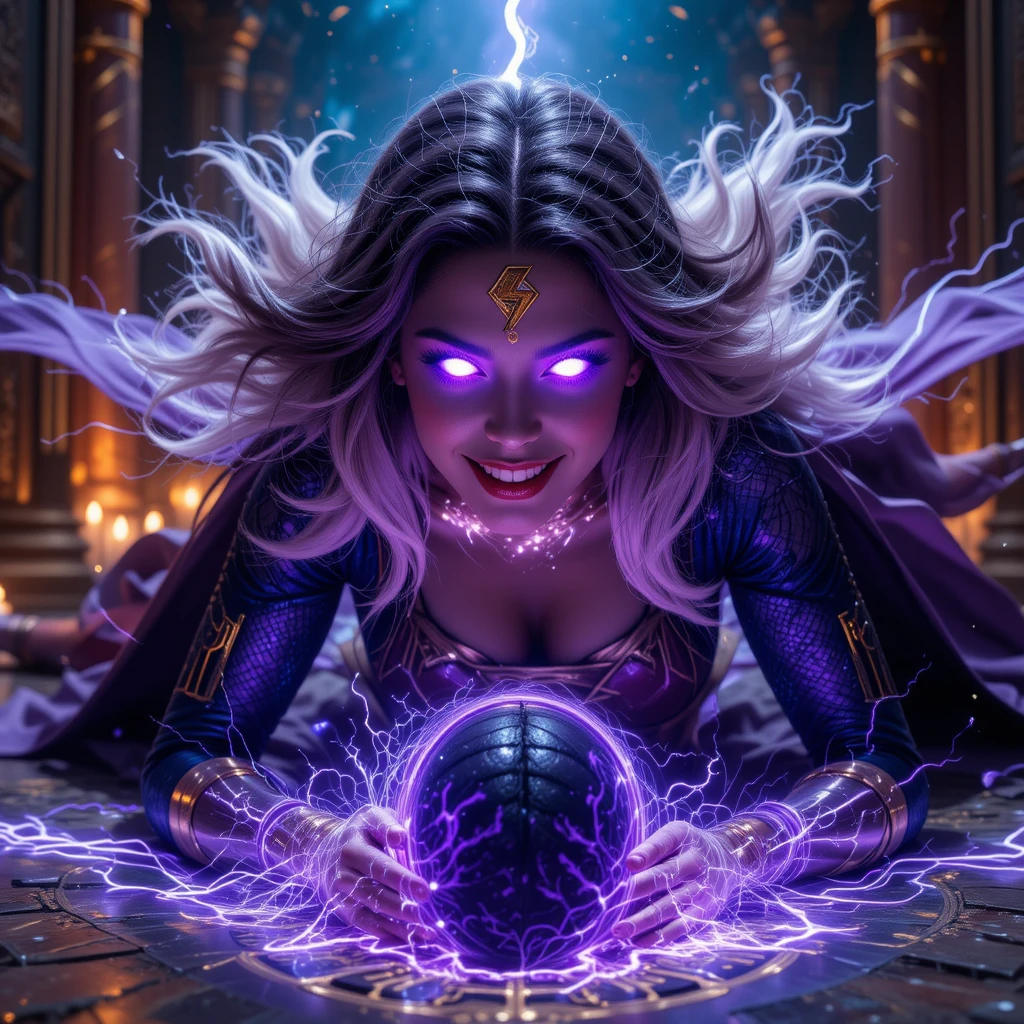 Dark superpowered woman draining hero with glowing third eye