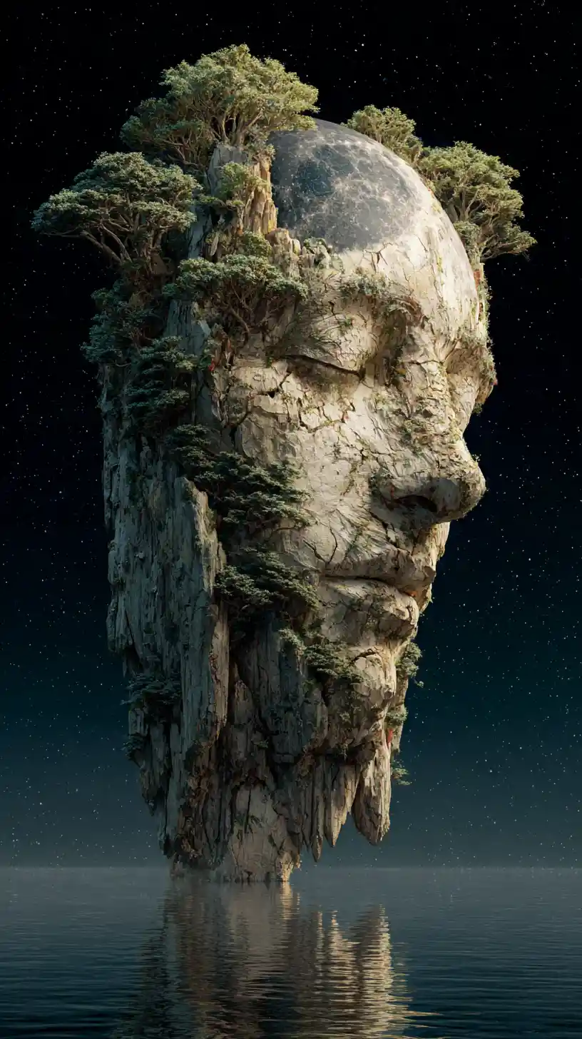 Surreal human island face above reflective water