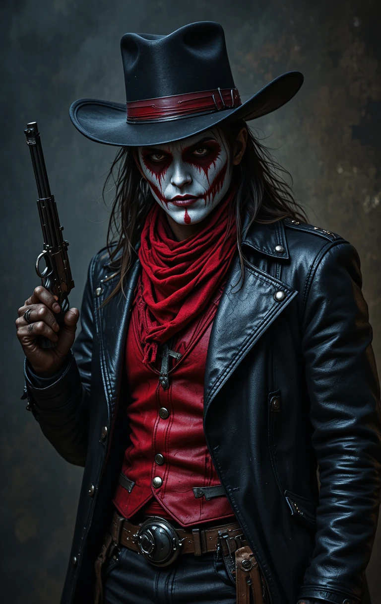 Gun slinging cowboy in black duster and red scarf