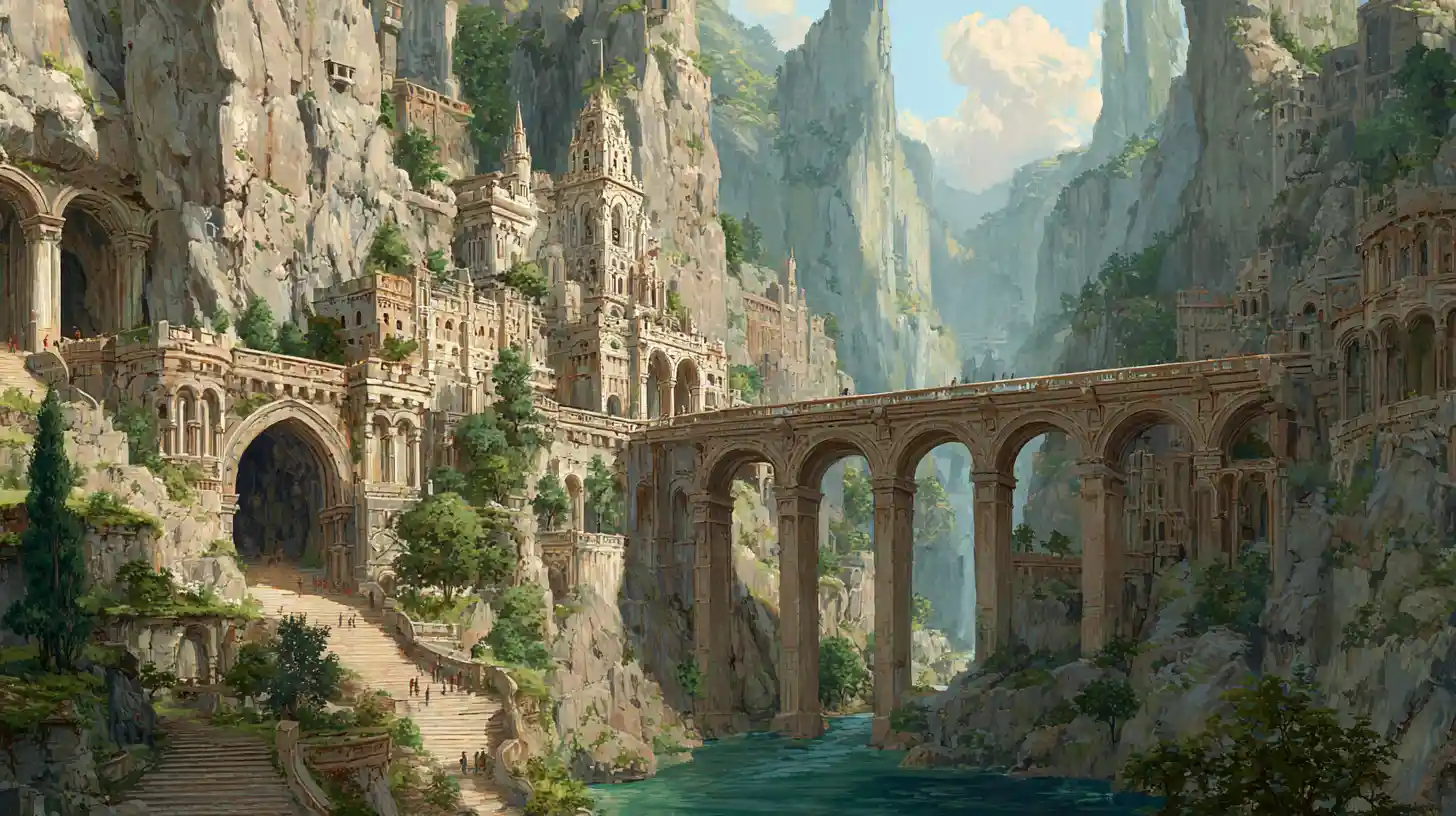 Elven cliff city with stone bridge and statue