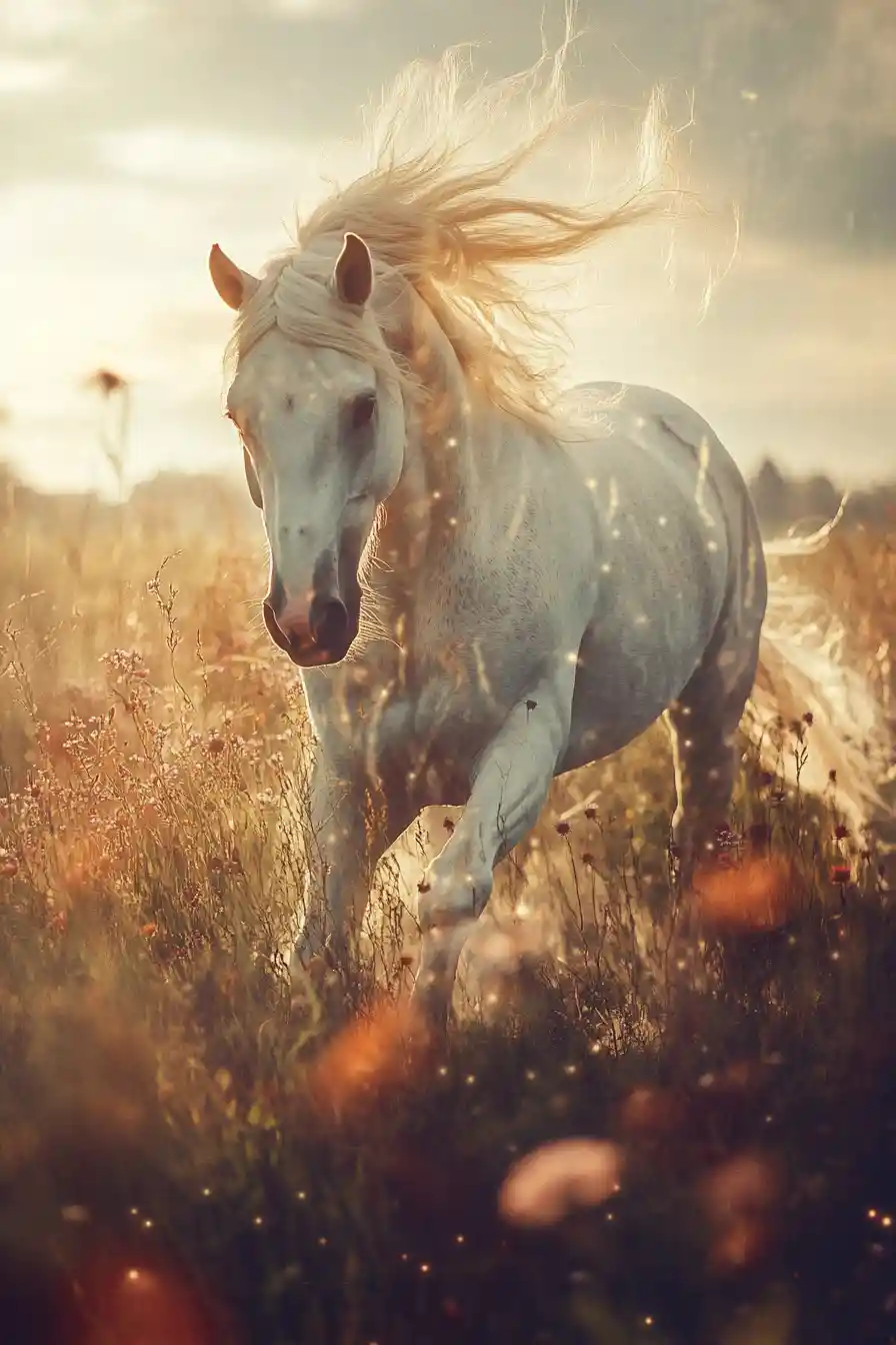 White horse running through wildflowers at twilight