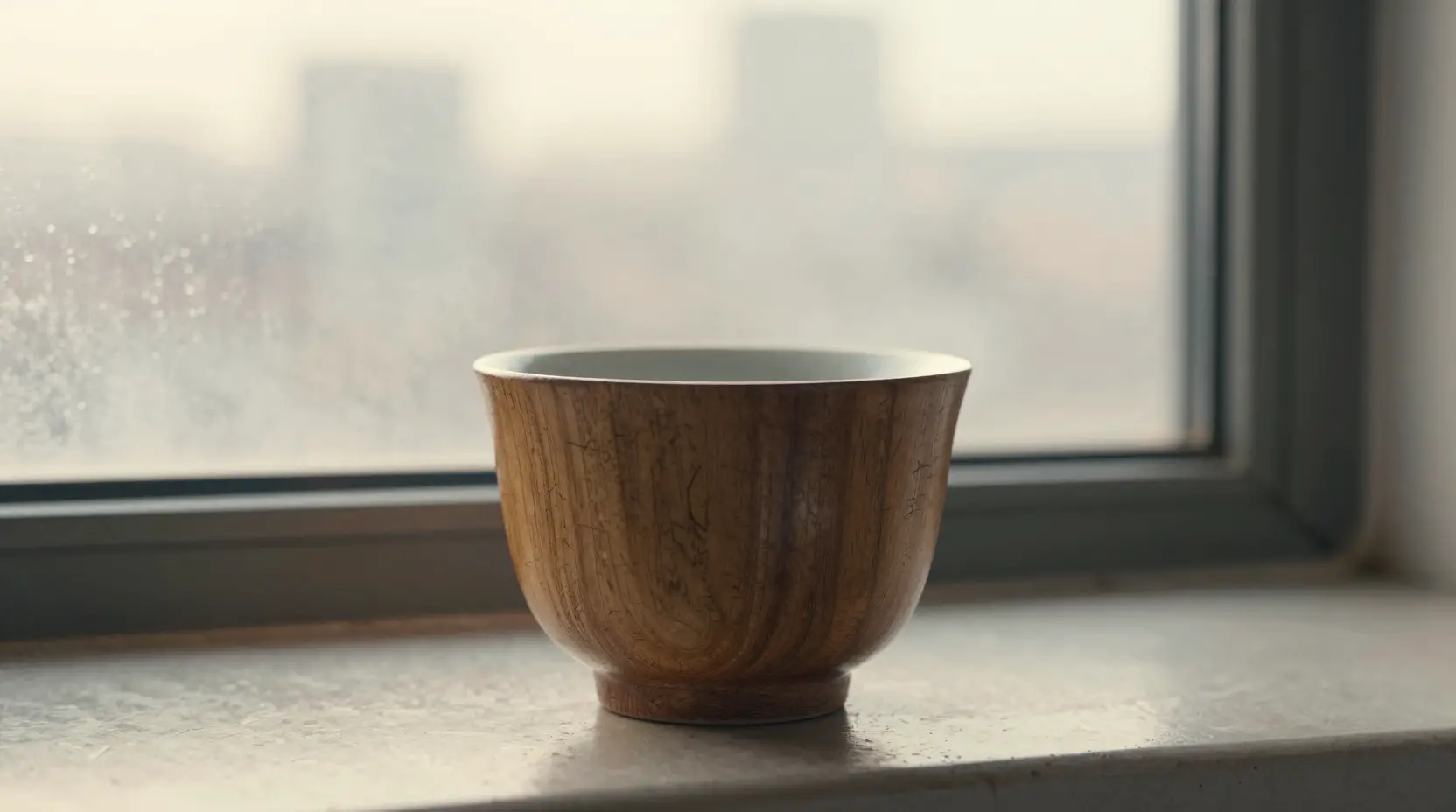 柔和黎明光下窗台上的舊木質茶杯