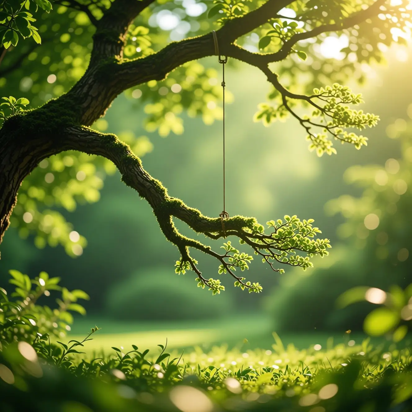 Floating tree branch against glowing green forest bokeh
