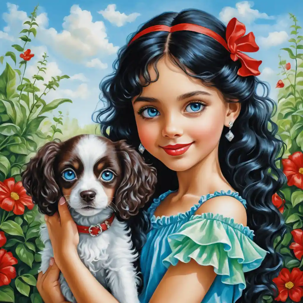 Smiling curly haired girl with puppy in summer outfit