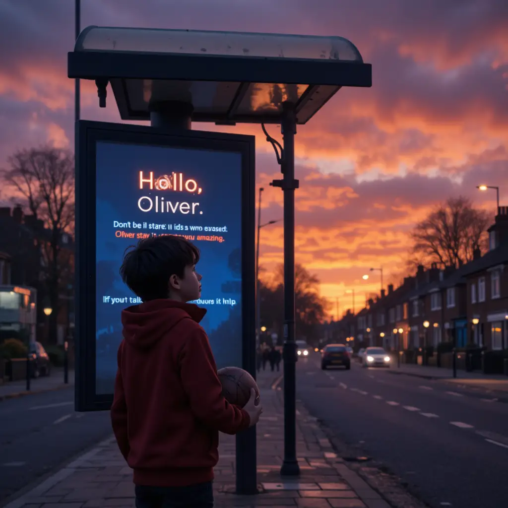 Boy waiting at a glowing bus stop in evening Manchester