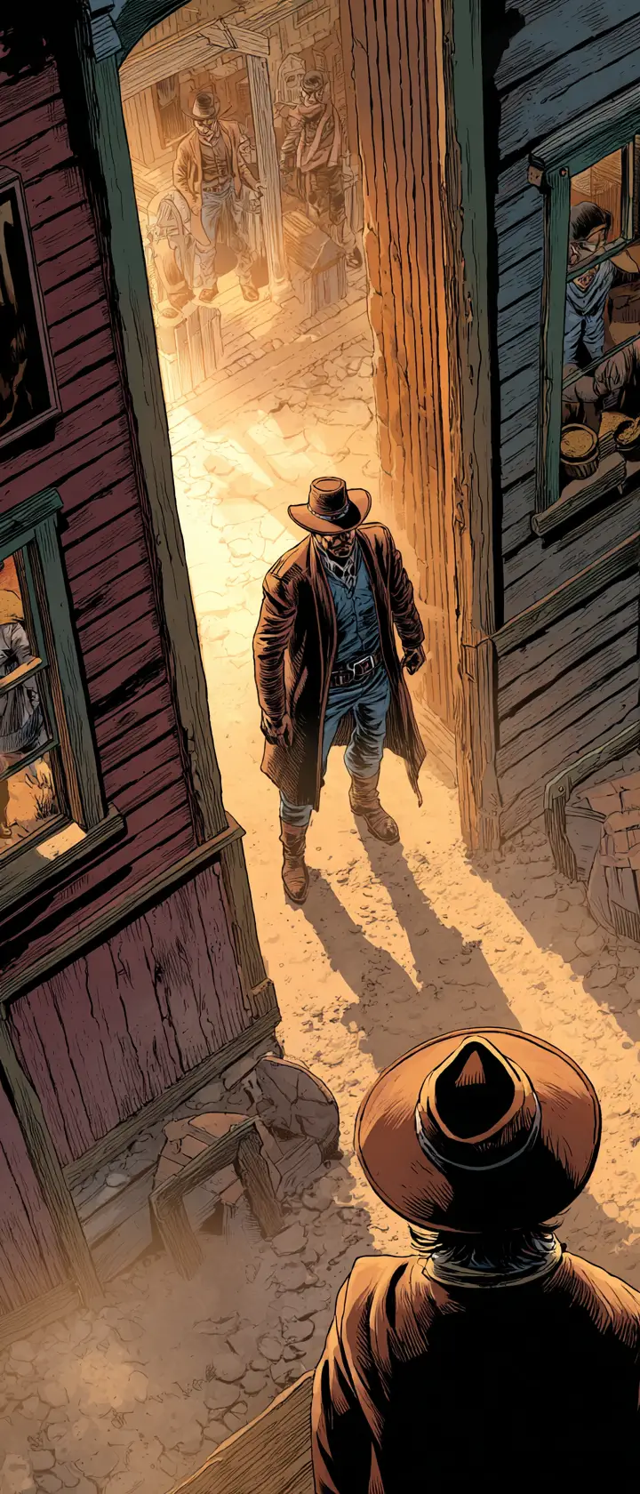 Tense cowboy duel on a dusty western town street