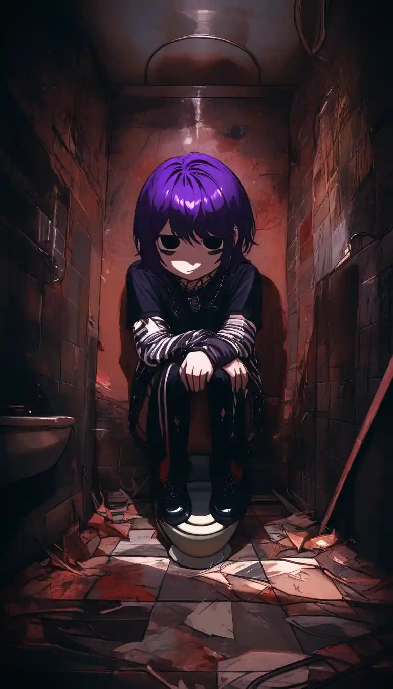 Retrato de chica emo en el inodoro de un baño en ruinas