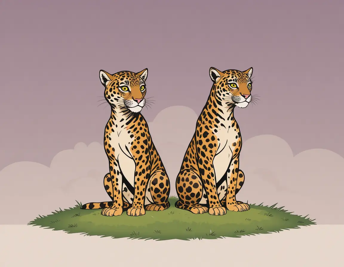 Two jaguars standing alert on a green lawn by a cabin
